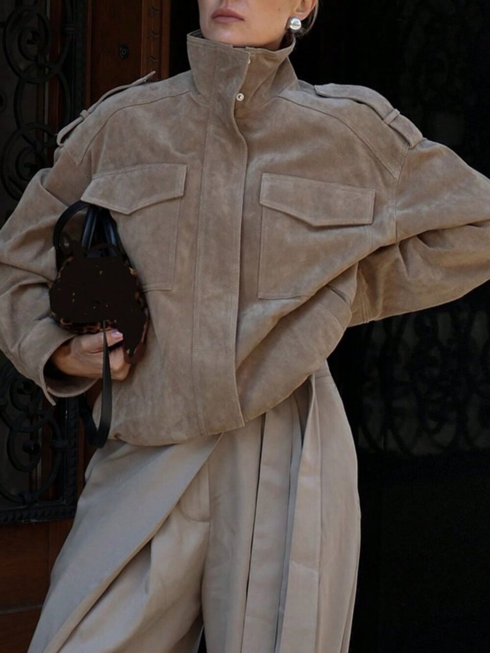 Khaki Casual Women's Suede Jacket with Lapel Collar - Picture 4 of 5